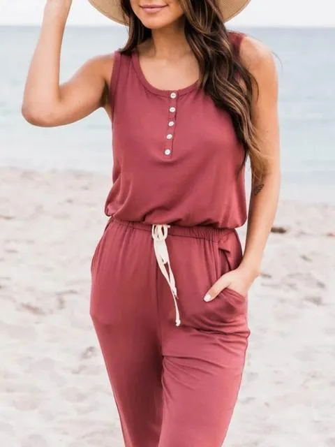 Sleeveless Lace-up Casual Solid Jumpsuit