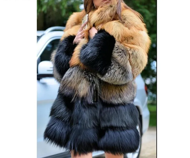 Thick Gold Grey Black Real Fox Fur Long Coat