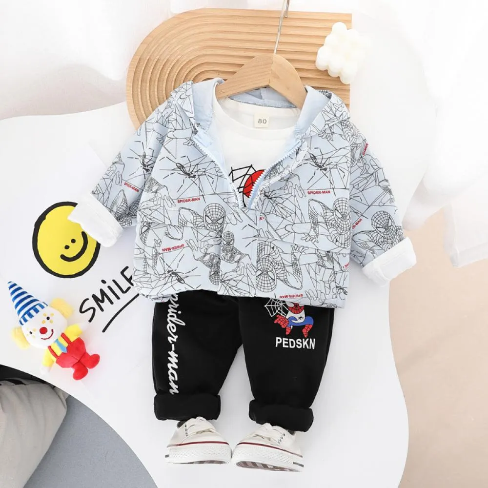 Three-piece Set Boys Spring And Autumn Western Style Cartoon Hooded Clothes Wholesale Baby Boy Clothes