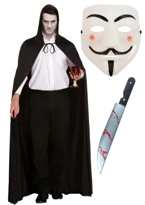 V for Vendetta Mask, Long Black Cape with Hood & Bloodied Kitchen Knife Halloween Scary Costume Set