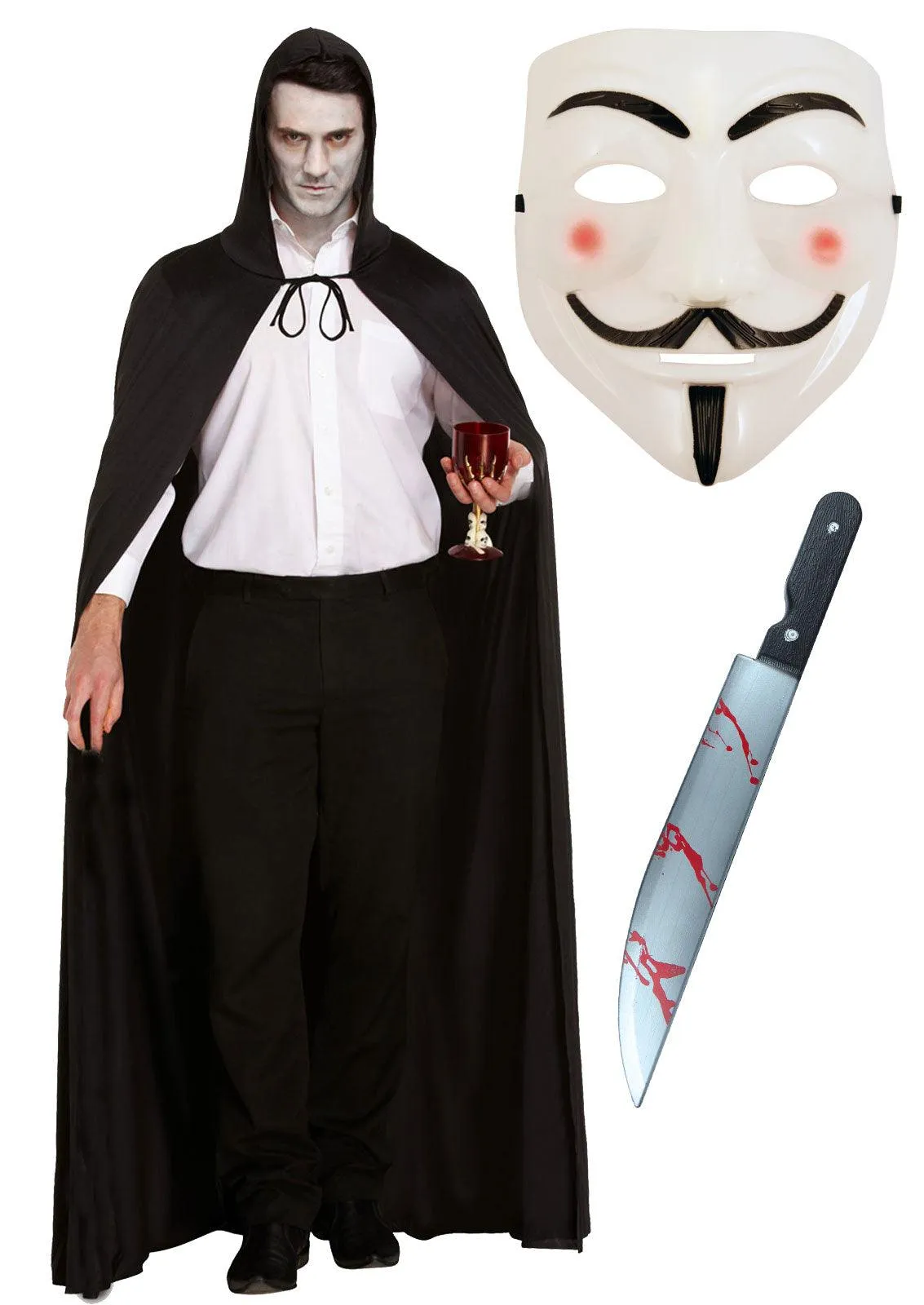 V for Vendetta Mask, Long Black Cape with Hood & Bloodied Kitchen Knife Halloween Scary Costume Set