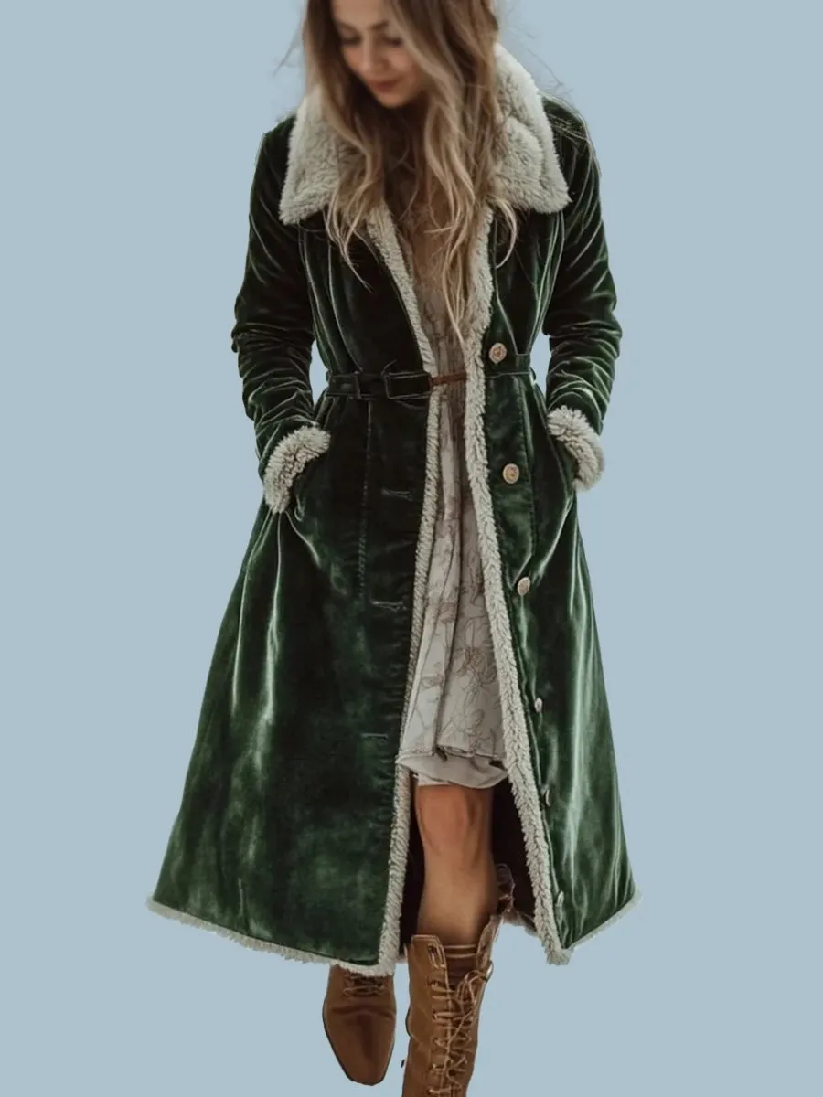 Velvet Oversize Retro Casual Fur Collar Long Coat