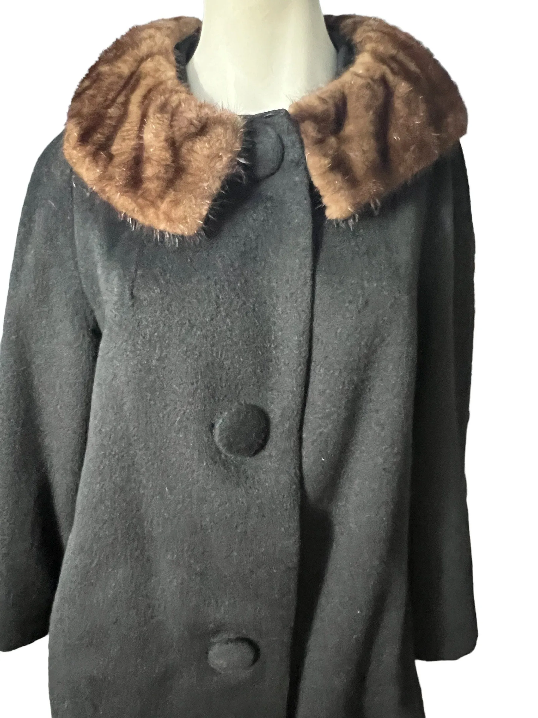 Vintage black 50's coat fur collar M L