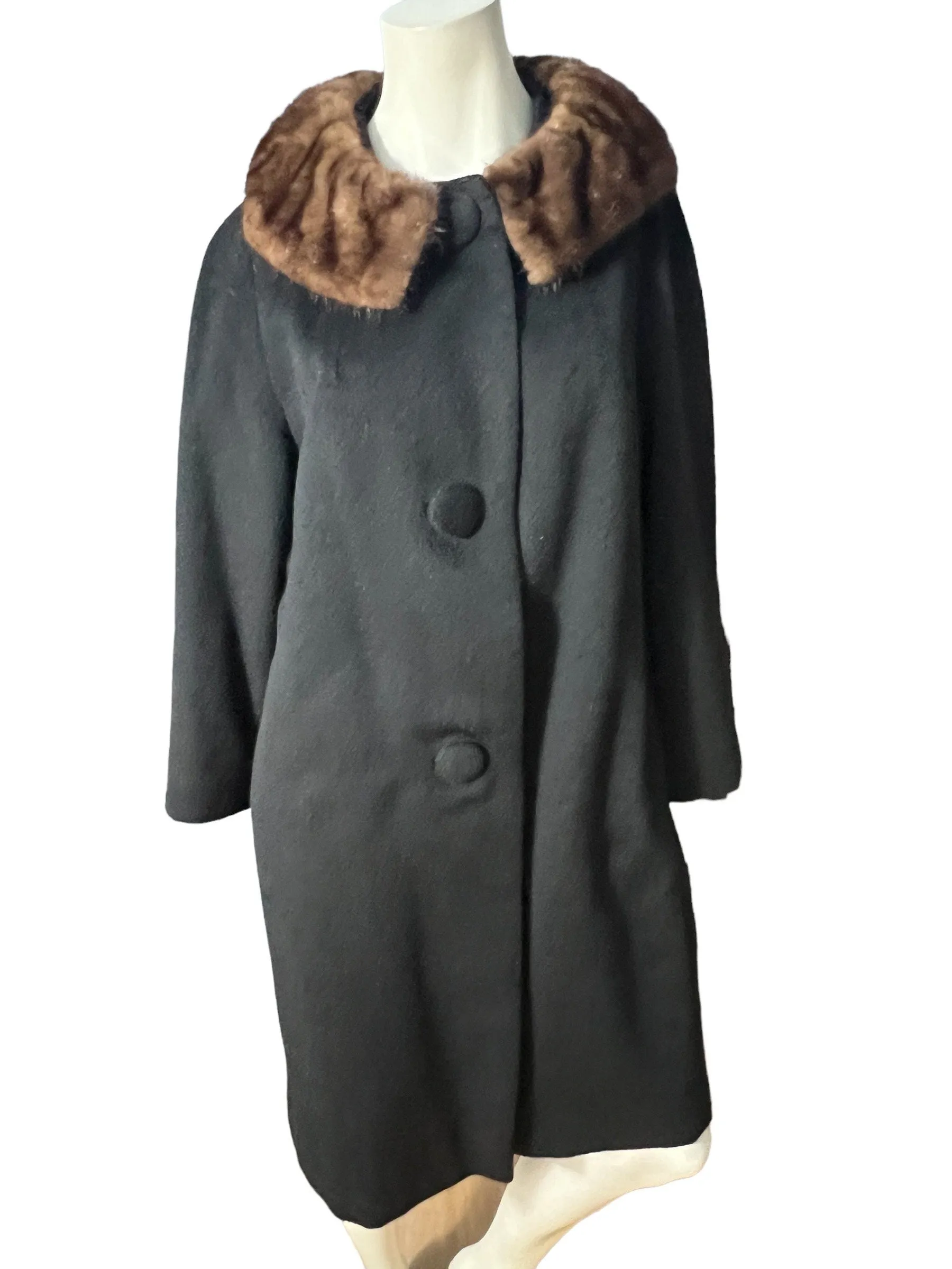 Vintage black 50's coat fur collar M L