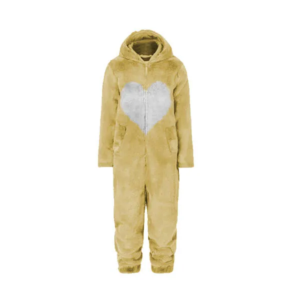Women Spring Autumn Hooded Jumpsuit Love Print Coat Warm Casual Romper Lady Home Zipper Pajamas
