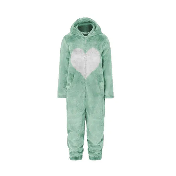 Women Spring Autumn Hooded Jumpsuit Love Print Coat Warm Casual Romper Lady Home Zipper Pajamas
