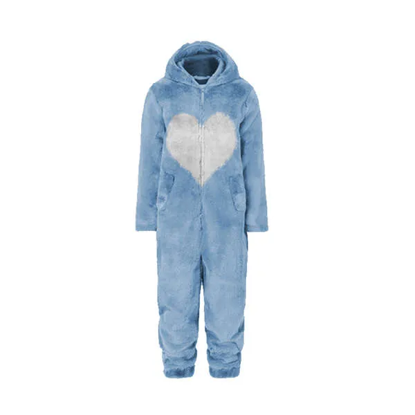Women Spring Autumn Hooded Jumpsuit Love Print Coat Warm Casual Romper Lady Home Zipper Pajamas