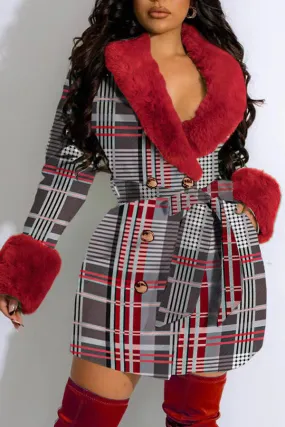 xiangtuibao Faux Fur Patchwork Feminine Belted Plaid Coat