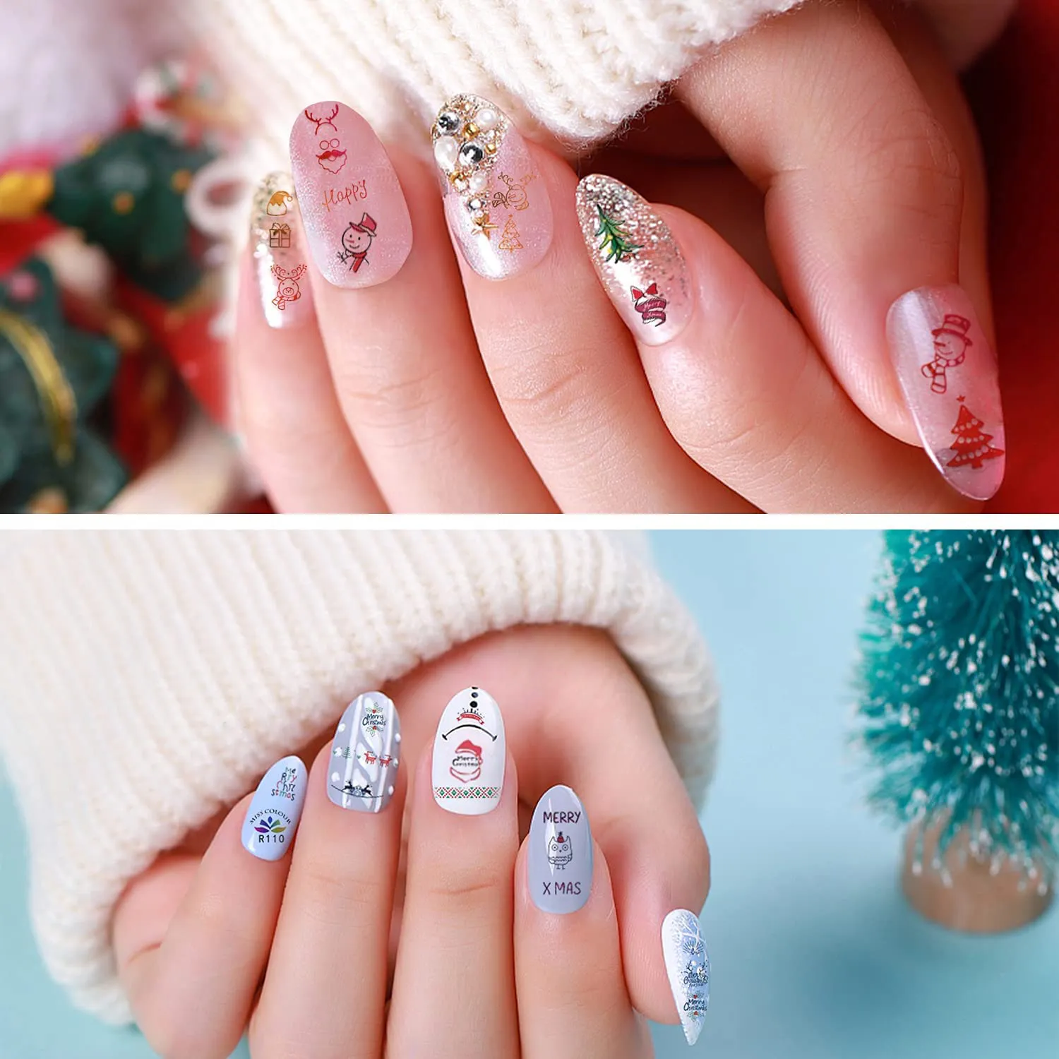 Zayvor 1450  Christmas Nail Art Stickers Decals,3D Xmas Self Adhesive Nail Stickers,Christmas Bell Tree Elk Snowflakes Snowmen,Women Girls Kids DIY Nail Manicure Tool Fingernail Nail Accessories